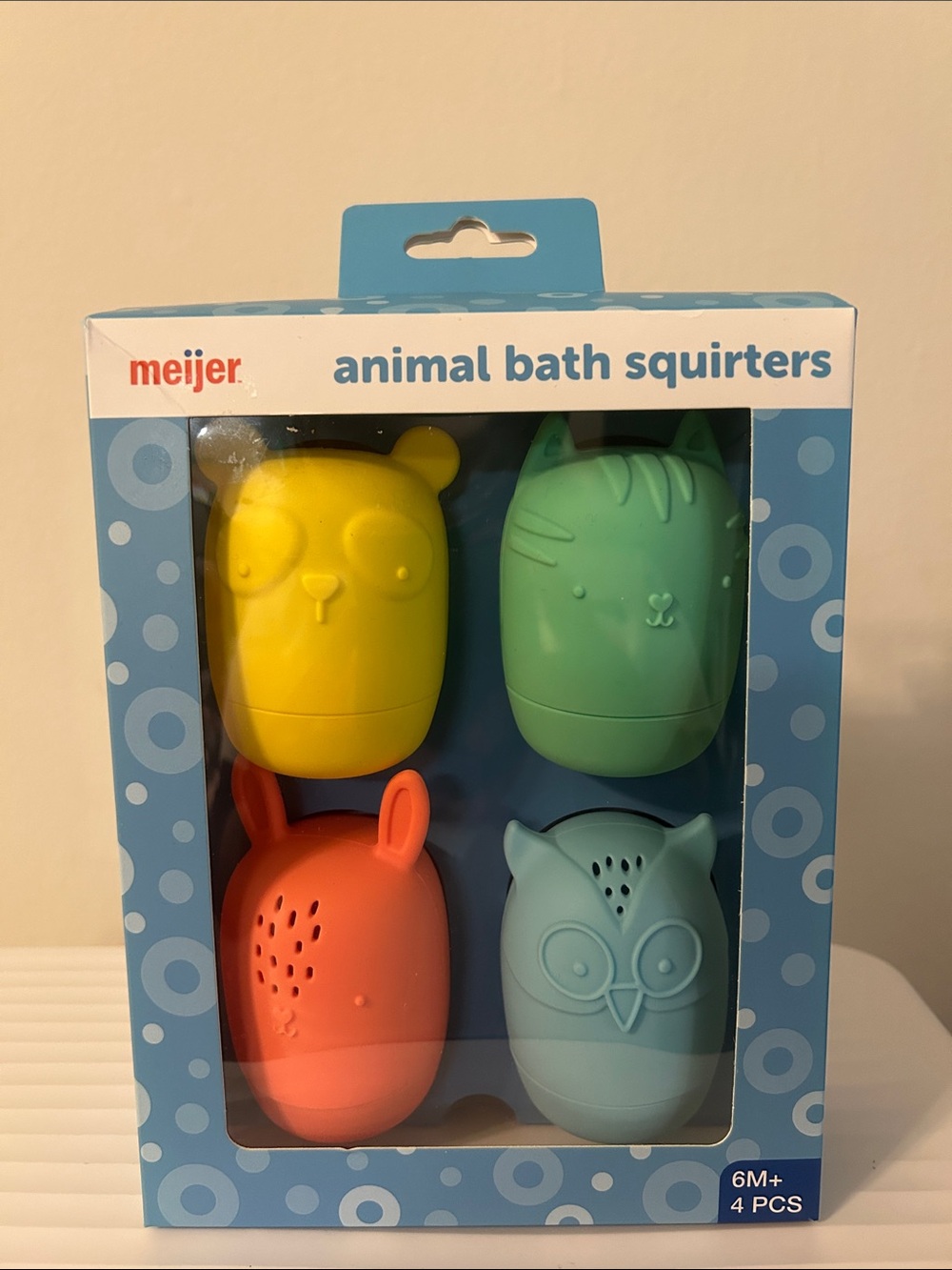 Meijer Animal Bath Squirters 4-Pack — Yellow, Green, Coral, Light Blue